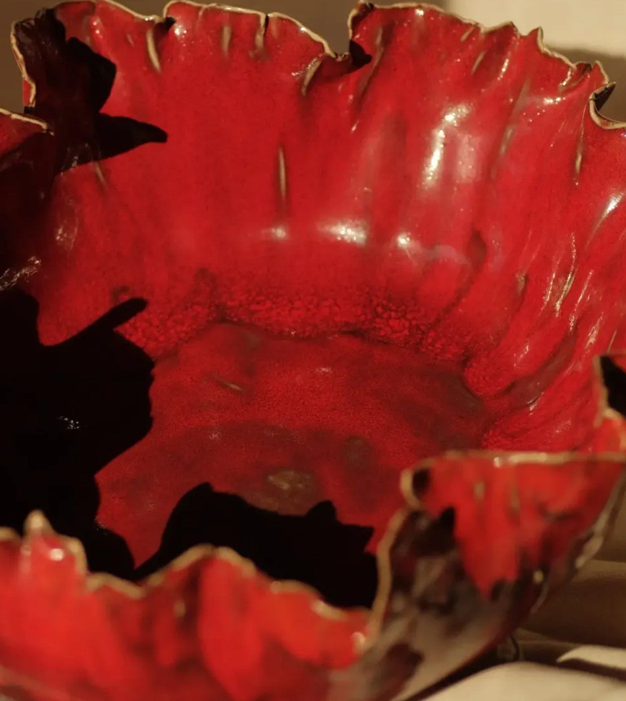 Close-up of the red glaze inside the bowl